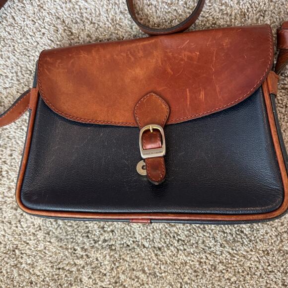 Rossi & Caruso Vintage 100% Leather Crossbody Bag Two-Tone Brown Navy Buckle - Picture 2 of 16